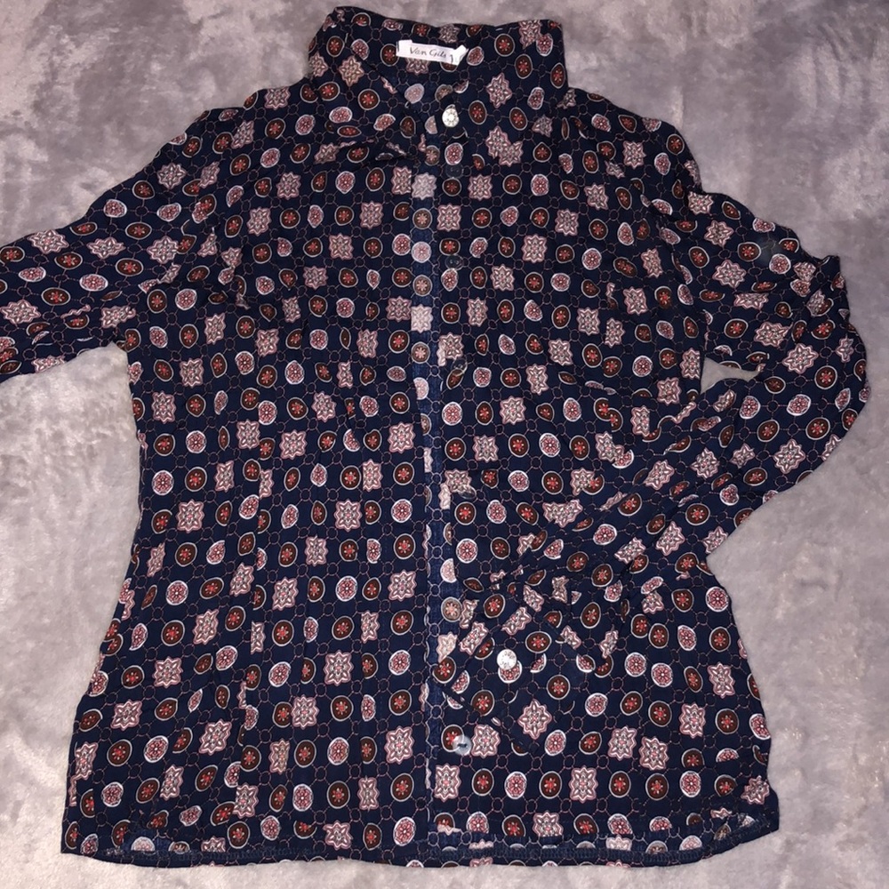 Vin gils navy blue Button down shirt with circle print/blouse/shirt/long sleeve/